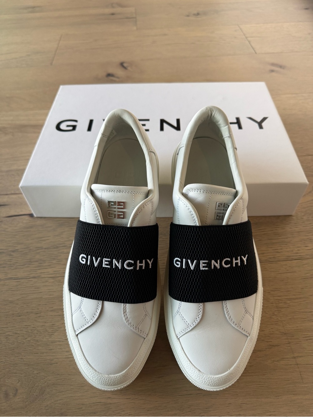 Givenchy White Leather Slip-On Sneakers with Black Logo Band